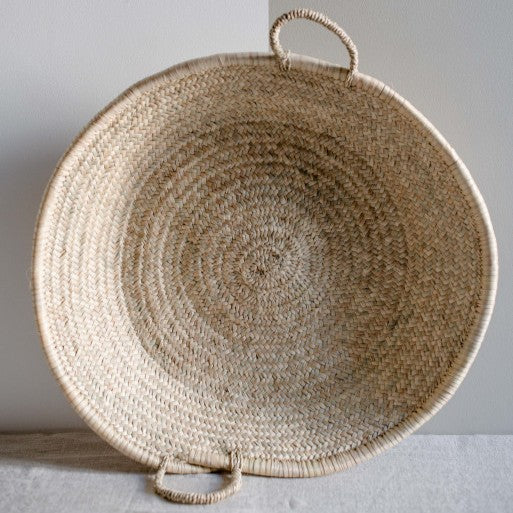 Flat Essaouira Basket Braided from Palm Fiber, Morocco